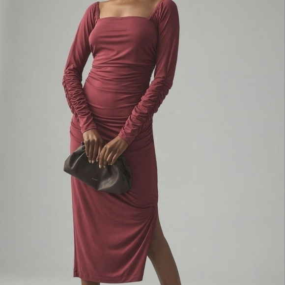 Anthropologie Ruched Square Neck Mini Dress in Wine Size XL Petite NWT - Picture 3 of 7